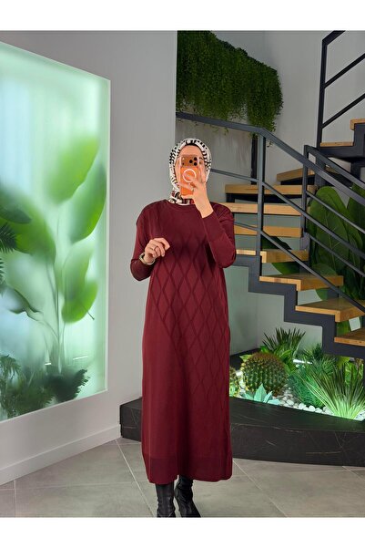 Armine Trend Baklava Desenli Triko Elbise 25YTD957 Bordo