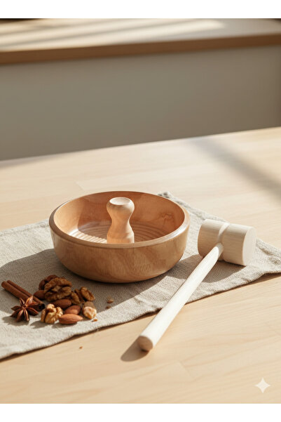 Altın express Natural Wood Walnut Crushing Set - 17 cm Wide Bowl with Pedestal and Ergonomic Pestle