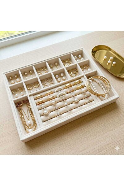 ÖZER KUTU Organizatör Krem Süet Tabla Kolye & Yüzük Düzenleyici Ve Gözlük(10+...