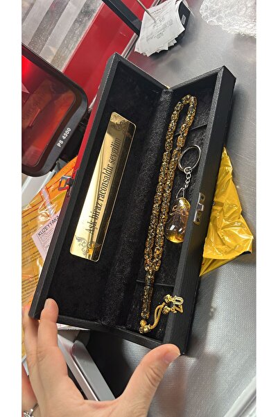 Doğaltaş Tesbihler Altın sıyah gold kehribar gümüş isimli Püsküllü sertifikal...