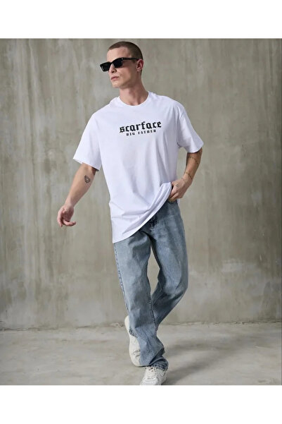 JANES Tricou alb unisex cu imprimeu oversize cu guler rotund