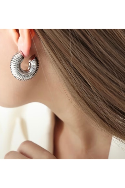 SELUVİA Silver Color Pipe Half Hoop Serrated Women's Earrings |   Snail Mode