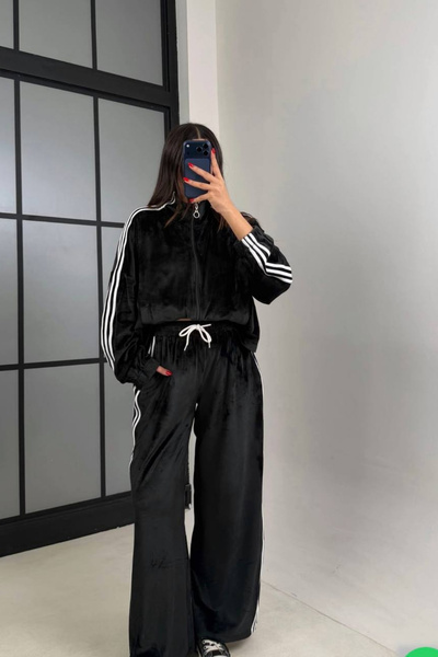 Love Fab Velvet White Striped Oversized Tracksuit Set