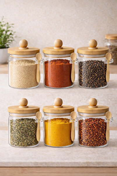 Kitchen Way 6-Piece Jar Seasoning Set with Bamboo Spoon and Seal Lid 300ml Kw-738