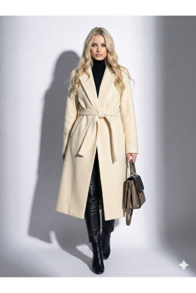 ribana Women's Bearded Textured Double-Breasted Collar Lined Pocket Detailed Belted Buttoned Full Fit Fox Coat