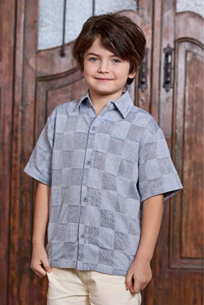Alesaei-mondo tondo Boys' blue checkered shirt 4007