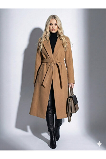 ribana Women's Bearded Textured Double-Breasted Collar Lined Pocket Detailed Belted Buttoned Full Fit Fox Coat