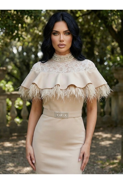 1Moda1Tarz Țesătură de scuba importată pentru femei, cu dantelă și ciucuri, cu pandantiv, cu design special, cu căptușeală, inclusiv curea la gât