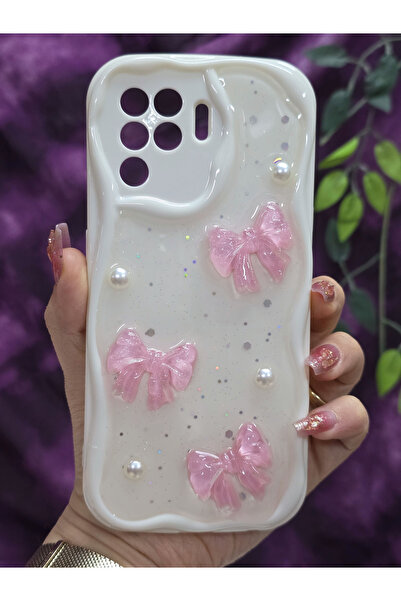 Magic Ring حافظة هاتف من الإيبوكسي اللامع متوافقة مع هاتف أوبو رينو 5 لايت مع تفاصيل فيونكة وردية ولؤلؤية