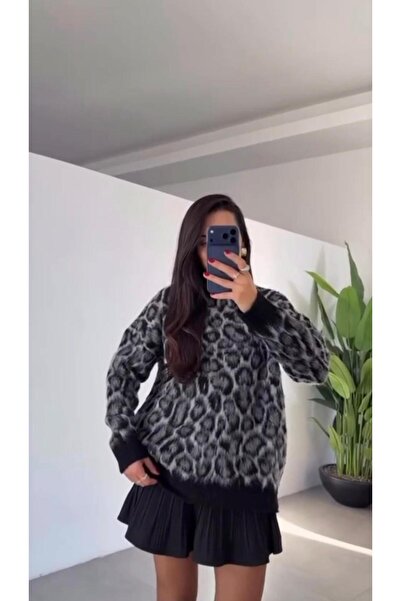 Style Leopar Desen Gri Siyah Yumuşak Kazak