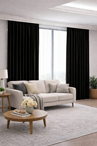 SHY TEKSTİL AdaFon Pilesiz Tek Kanat Petek Kadife Dokulu Siyah Fon Perde Mode...