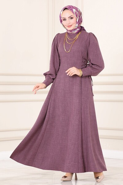 ModaMerve Yandan Bağcıklı Tesettür Elbise 5962BSK463-MS Koyu Lila