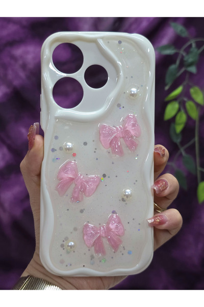 Magic Ring Redmi 13 Compatible Pink Bow & Pearl Detailed Glittery Epoxy Phone Case