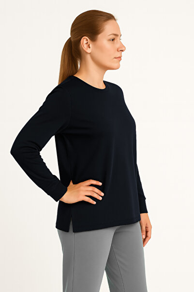 Cottonland Kadın BELINDA Basic Uzun Kollu İnce O Yaka Pamuk T-Shirt LACİVERT