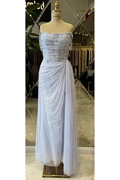 Hanımefendi Giyim Kristal Taş İşlemeli Straplez Yaka, Drapeli Tül Abiye Elbise