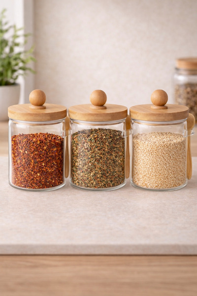 Kitchen Way طقم برطمانات توابل من الخيزران مكون من 3 قطع مع غطاء محكم وملعقة 300 مل KW-738