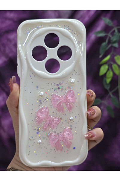 Magic Ring Redmi 14C Compatible Pink Bow & Pearl Detailed Glitter Epoxy Phone Case