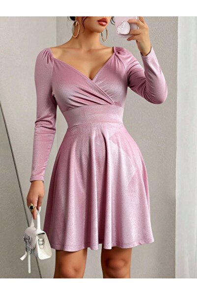 mass fashion Kadın Kruvaze Yaka Kadife Elbise