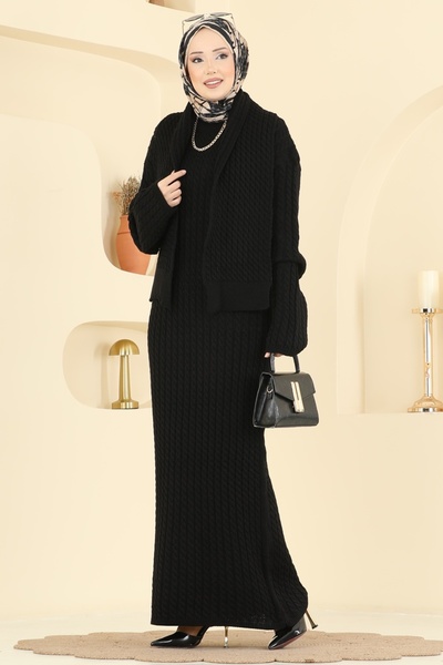 ModaMerve Atkı Detaylı Triko Elbise 2776AYD574-MS Siyah