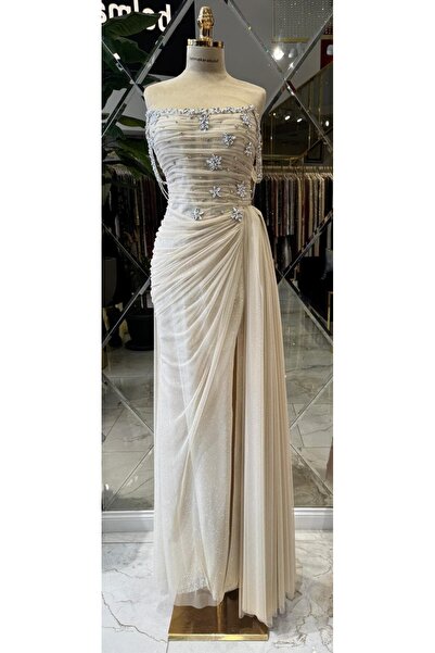 Hanımefendi Giyim Kristal Taş İşlemeli Straplez Yaka, Drapeli Tül Abiye Elbise