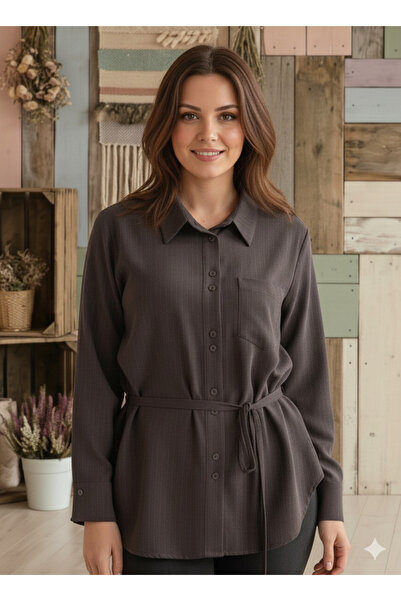 Dilvin 50518 Kemerli Tek Cep Çizgili Kadın Gömlek Kahve