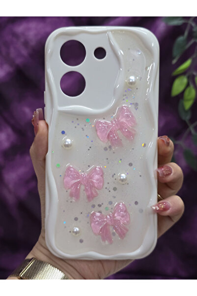 Magic Ring Vivo Y36 Uyumlu Pembe Fiyonk & İnci Detaylı Simli Epoksi Telefon K...