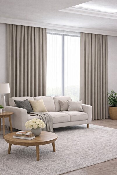 SHY TEKSTİL AdaFon Pilesiz Tek Kanat Petek Kadife Dokulu Bej Fon Perde Modern...