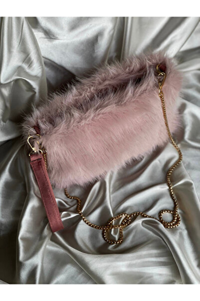 Nurf Peluş Kürk Zincir Askılı El Çantası Omuz & Çapraz Çanta Pembe