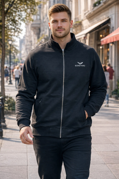 REMSA Plus Size Men's Three Thread Sh Fleece-Lined Cotton Front Zipper Single Top Jacket 0316 Black