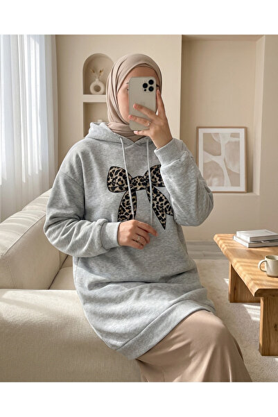 Modamorfo Bow Detailed Hooded Combed Cotton Sweatshirt - Light Gray