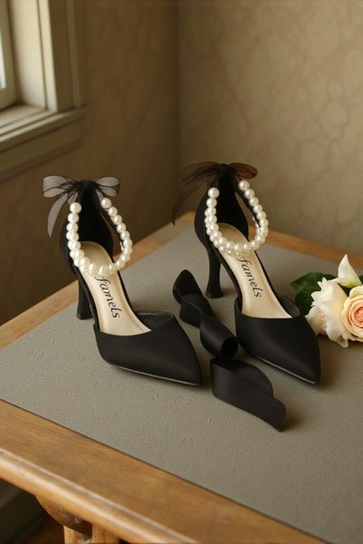 Famels Low Heel Shoes with Double Pearl Detail Black Satin Evening Dress Shoes with Helmet