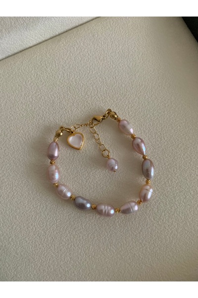 JOVİ ATELİER Doğal Pembe Lila İnci Bileklik Kalp