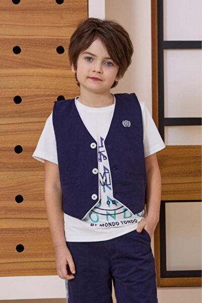 Alesaei-mondo tondo تيشيرت ولادبي ابيض مع سديري كحلي 4144