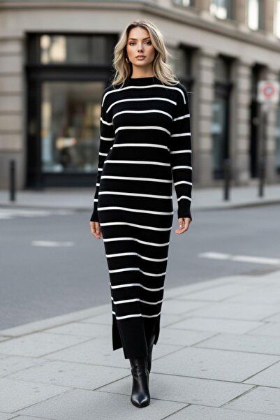 Mossta Άνετο ριγέ μακρύ πλεκτό μαύρο φόρεμα