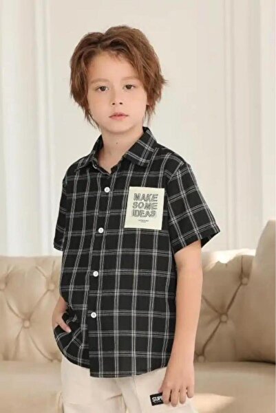 Alesaei-mondo tondo Boys' black checkered shirt 4136