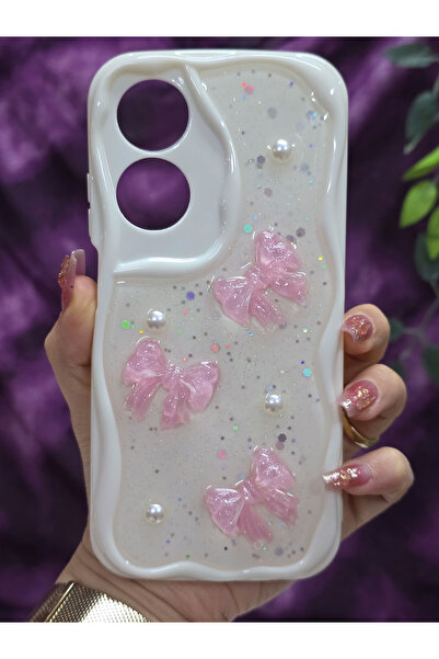 Magic Ring OPPO A60 Uyumlu Pembe Fiyonk & İnci Detaylı Simli Epoksi Telefon K...