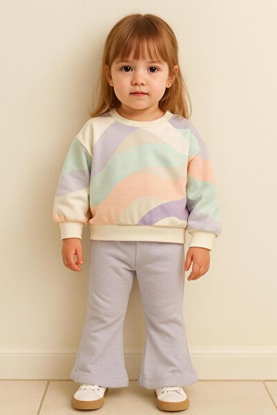 RAPAPA Set de tricou piese pentru fetiță: cu căptușeală din fleece tricou cu cu căptușeală din fleece fire cu model pastel și pantaloni de trening liliac deschis