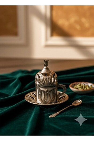 AcarHediyelik Lüks Kapaklı Türk Kahvesi Fincanı, Gümüş Metal Detaylı Porselen...