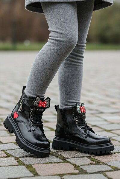 PATİK BEBE Girls' Black Shiny Zippered Style Children's Boots with Bow-Tie Fi...