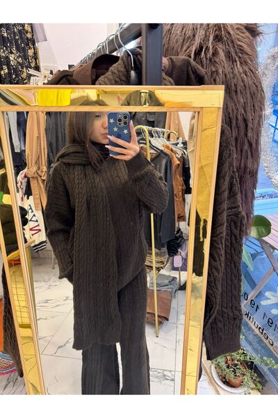 Butik Kazak+Pantolon+Atkı triko takım