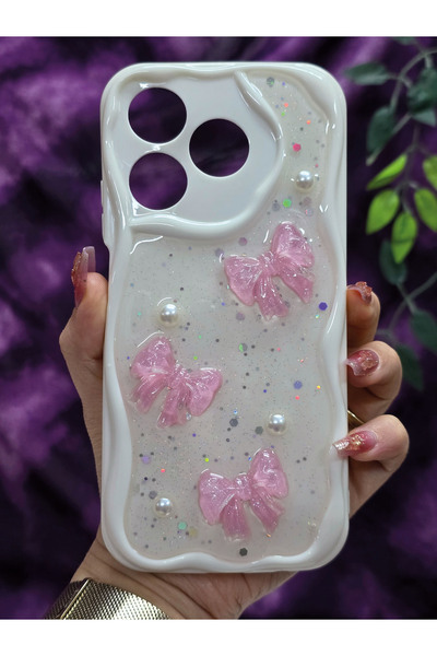 Magic Ring Realme C63 and Realme C61 Compatible Pink Bow & Pearl Detailed Glittery Epoxy Phone Case