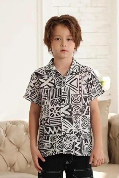 Alesaei-mondo tondo Boys' white shirt with black pattern 4129