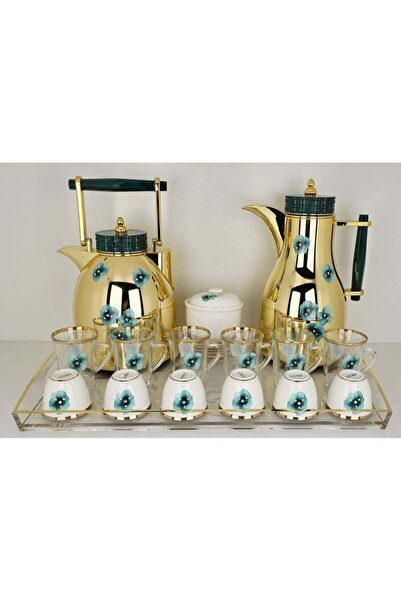 Damanhoor 22 Piece Arabic Tea and Coffee Set Elegant Gold Thermos and Glass Cups with Tray