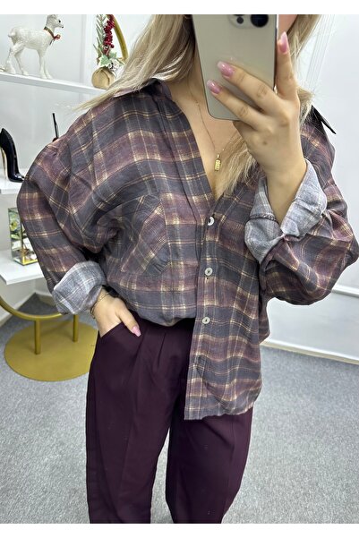 LİSAA BUTİK Women's Checkered Standard Size Oversized Shirt Plum