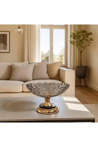Oss elhetraf وعاء قزاز أكرستالي رمادي بقاعدة ذهبية – ديكور مودرن فاخر للطاولات