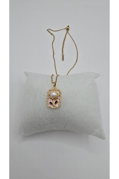 NO NAME Stainless Steel Gold Color Vintage Flower Detail Pearl Stone Necklace