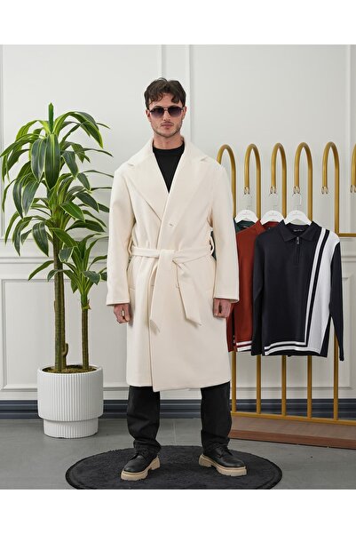 MODEFENDİ Men's White Oversized Long Cashmere Coat with Belt Detail