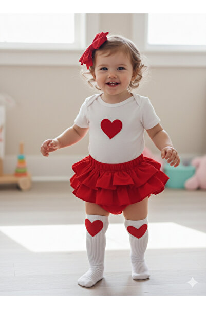 MARS BABY Balböceği̇ki̇ds Baby Girl Red Ruffle Shorts Set with Heart Figure a...