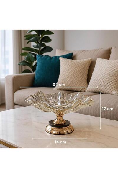 Oss elhetraf صحن ضيافة أكرستالي مموج فاخر بقاعدة ذهبية – عرض 34 سم