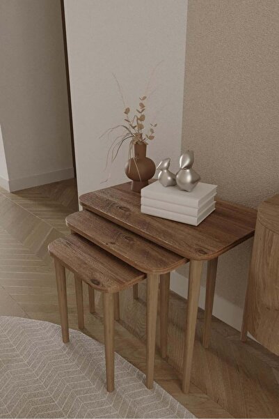 woodaria Dikdörtgen Dekoratif Zigon Sehpa 3'lü Set – Ahşap Ayaklı Zigon Sehpa